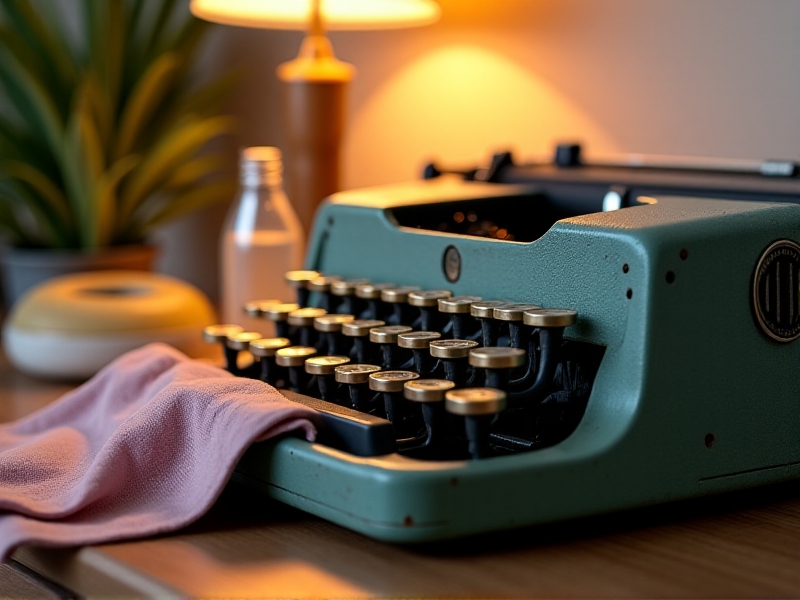 A close-up of a soft cloth gently cleaning the surface of a vintage typewriter, with a bottle of mild detergent in the background. The image conveys a careful and meticulous cleaning process.
