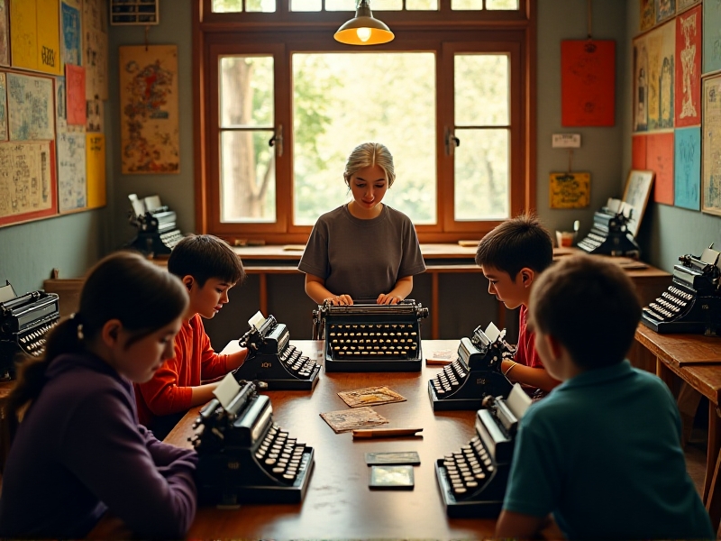 A brightly lit classroom filled with vintage typewriters, with an instructor demonstrating typewriter art techniques to a group of attentive students, surrounded by colorful posters and art supplies.
