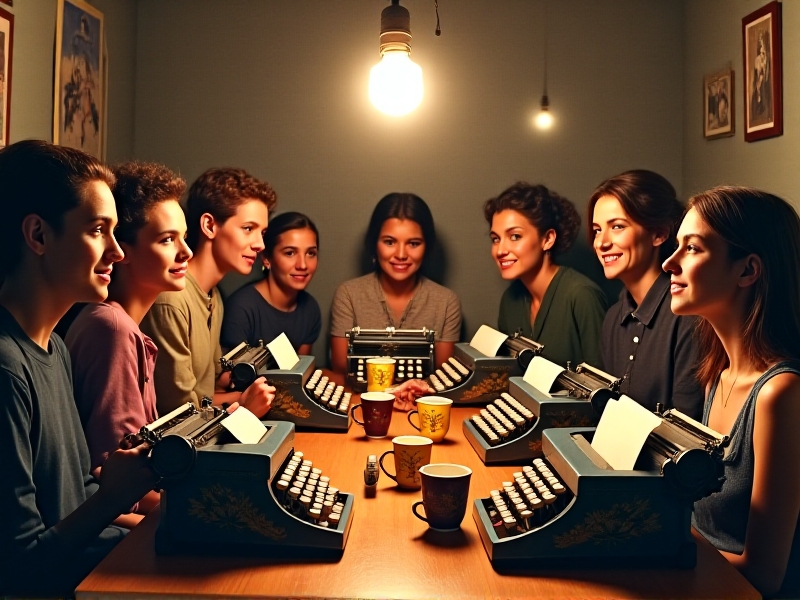 A group of diverse typewriter enthusiasts gathered in a cozy café, each with their own vintage typewriter. They are smiling and chatting, surrounded by steaming cups of coffee and notebooks. The warm, inviting atmosphere highlights the camaraderie and shared passion within the typewriter community.