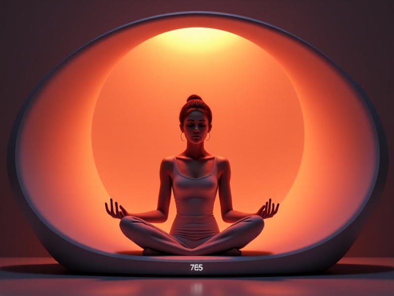 A person sitting cross-legged inside a sensory pod, surrounded by soft, warm lighting. The pod features a diffuser emitting a gentle mist of lavender scent, with a temperature gauge showing 75°F. The scene conveys a sense of calm and relaxation.