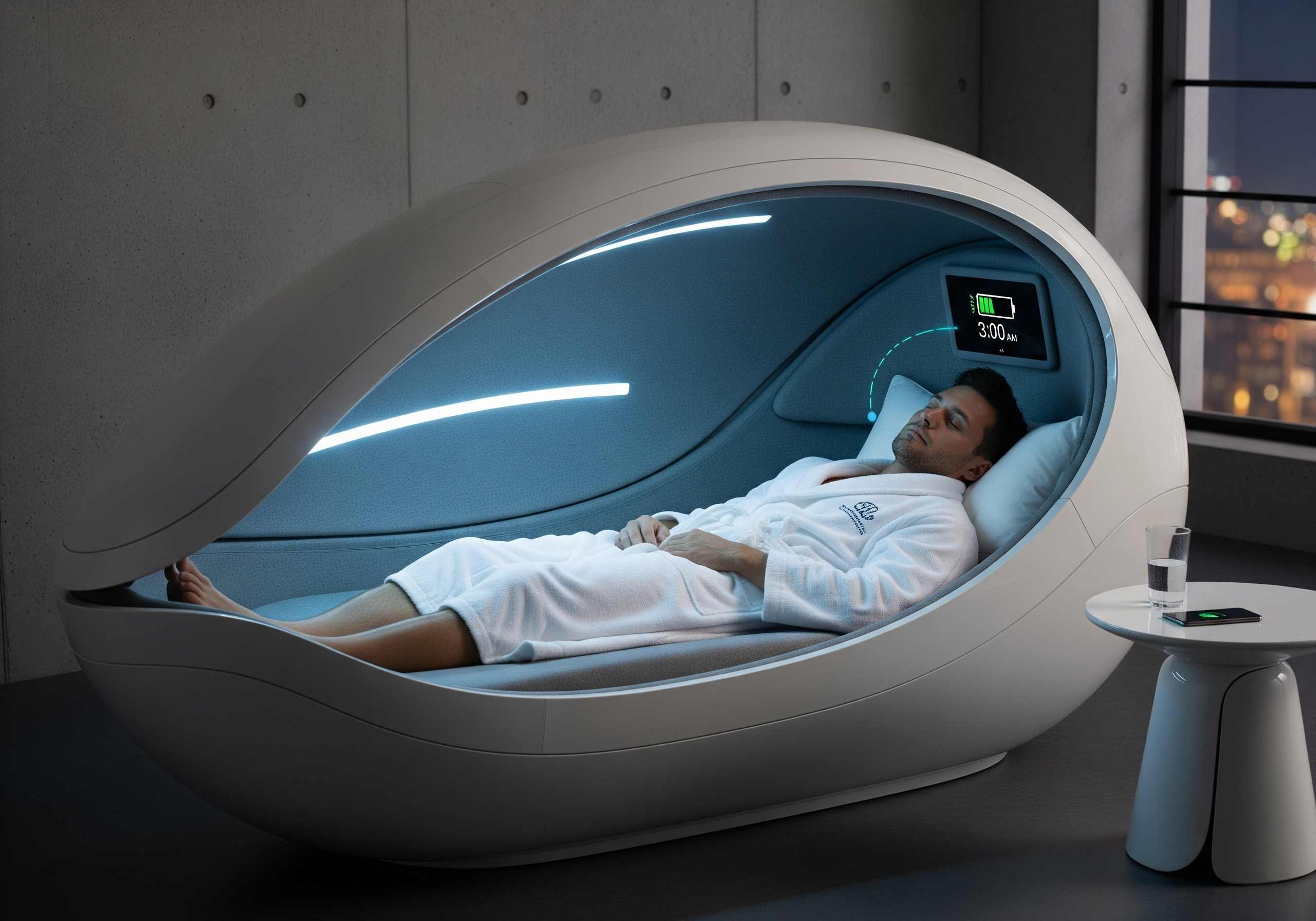 A futuristic heating system integrated into a floatation pod, featuring sleek, metallic components and glowing blue energy-efficient elements. The design is modern and high-tech, with a focus on sustainability and cutting-edge innovation in heating solutions.