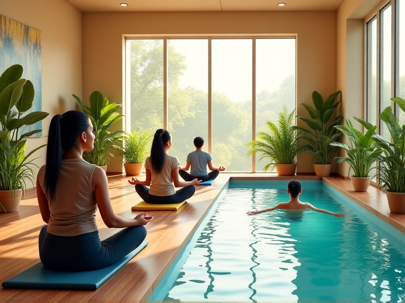 A diverse group of employees engaging in various wellness activities, including yoga, meditation, and floatation therapy, in a bright, open wellness center with natural light and greenery.