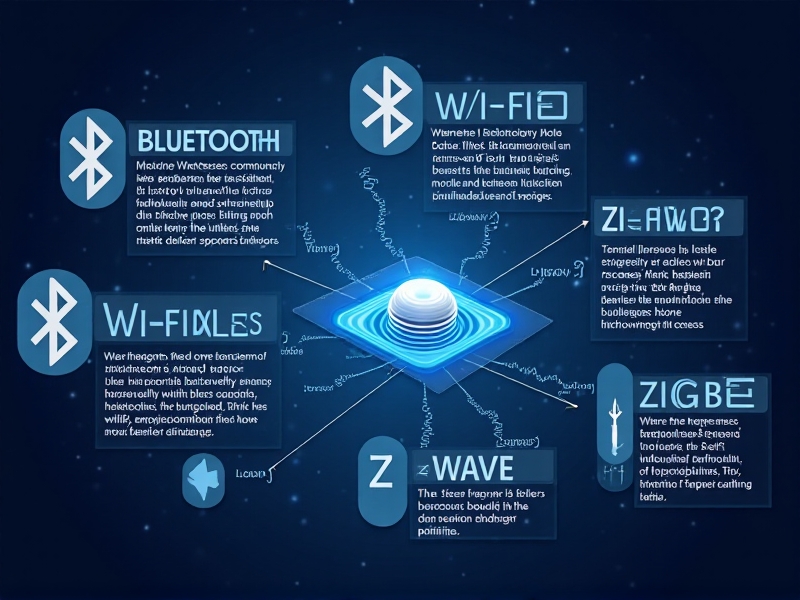 An infographic depicting the key technologies behind wireless control interfaces, including Bluetooth, Wi-Fi, Zigbee, and Z-Wave, with detailed icons and explanations for each technology.